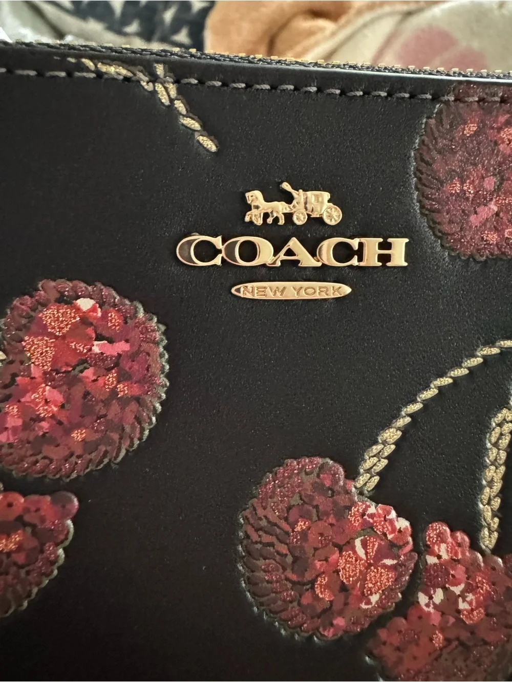 NWT Coach Black Cherry Sequin Leather Wristlet